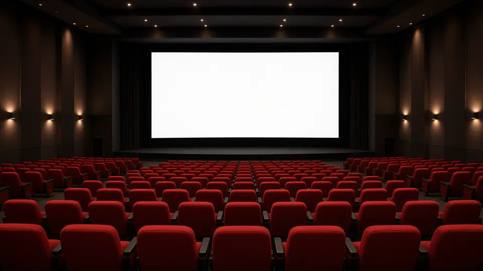 Empty cinema seats facing a blank bright screen