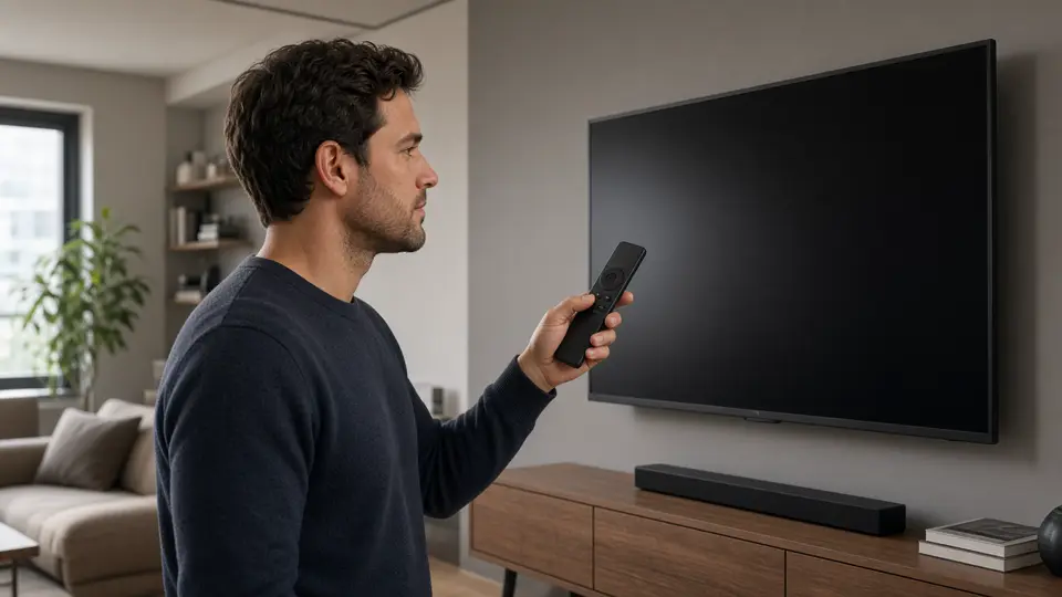 Person with a plain remote beside a wall-mounted television