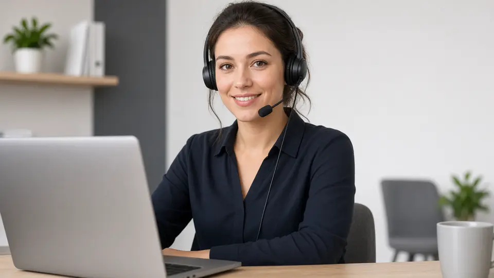 Support agent wearing a plain headset at a desk